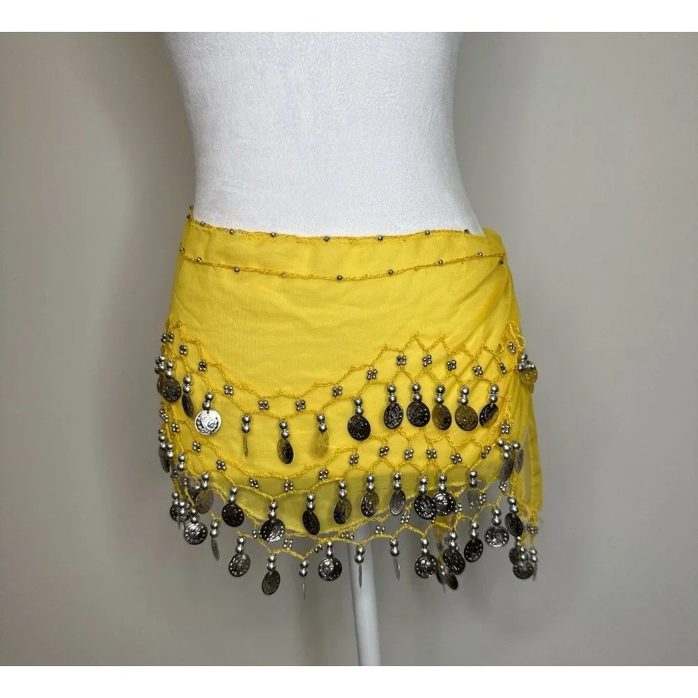 Belly Dance Dancer Roman Coin Belt Wrap Yellow Silver‎ Gypsy Scarf Indie Cosplay